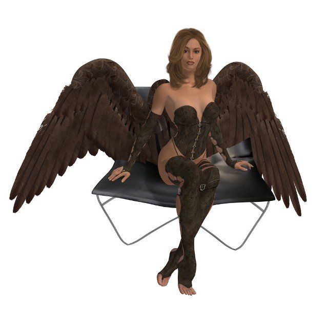 Brunette angel sitting on a chair with wings spread
