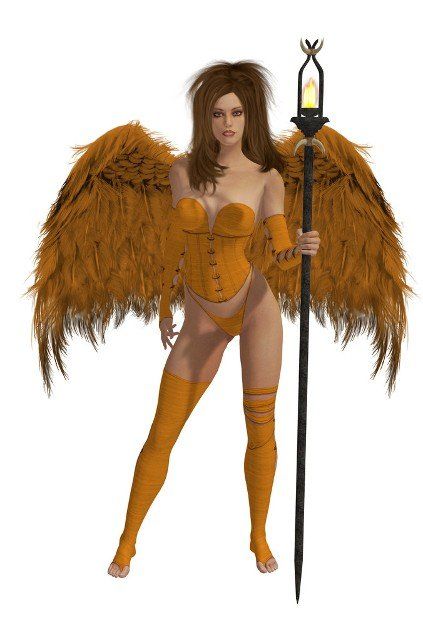 Orange winged angel with brunette hair standing holding a torch