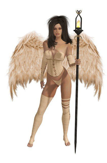 Beige winged angel with dark hair standing holding a torch