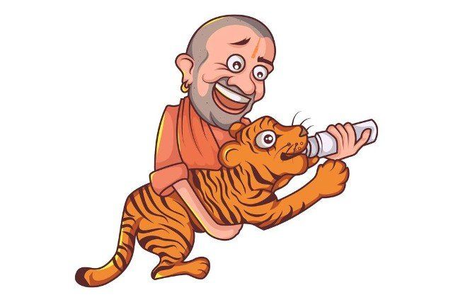 Vector cartoon illustration of Yogi Adityanath with tiger. Isolated on white background.
