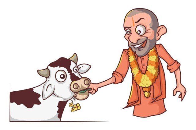 Vector cartoon illustration of Yogi Adityanath with cow. Isolated on white background.