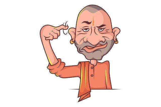 Vector cartoon illustration. Yogi Adityanath is gesturing funny hand expression. Isolated on white background.