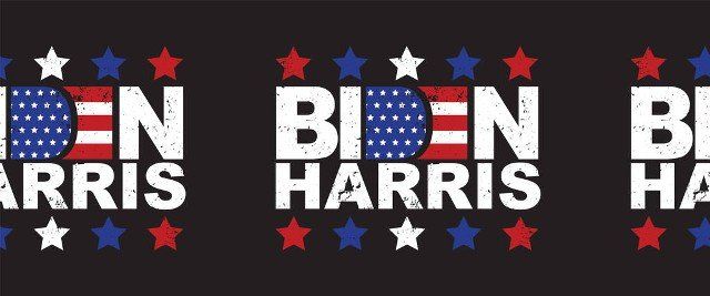Biden Harris seamless vector border. American president and vice president candidate for US election Democrat Joe Biden and Kamala Harris lettering horizontal border. Grunge style. American flag.