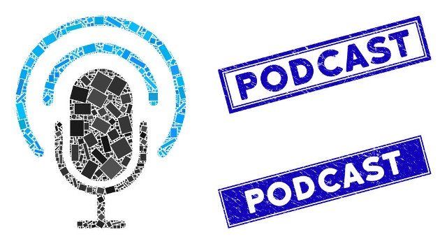Mosaic podcast icon and rectangular Podcast seal stamps. Flat vector podcast mosaic pictogram of scattered rotated rectangle items. Blue Podcast seal stamps with scratched texture.