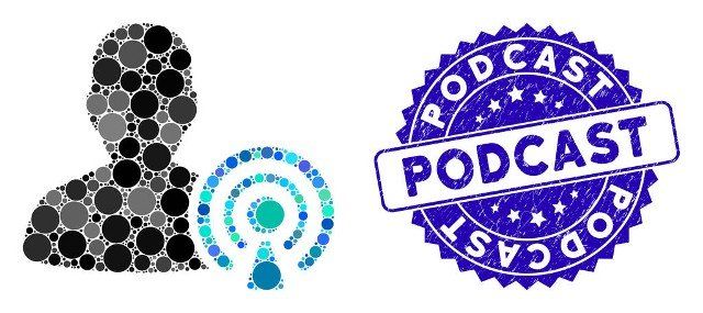 Collage podcast creator icon and corroded stamp seal with Podcast phrase. Mosaic vector is designed with podcast creator icon and with scattered circle spots. Podcast stamp seal uses blue color,