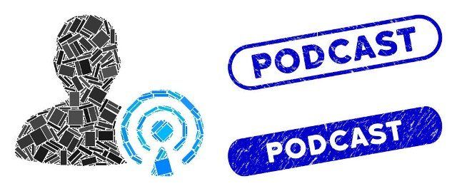 Mosaic podcast creator and rubber stamp seals with Podcast phrase. Mosaic vector podcast creator is formed with scattered rectangle items. Podcast stamp seals use blue color,