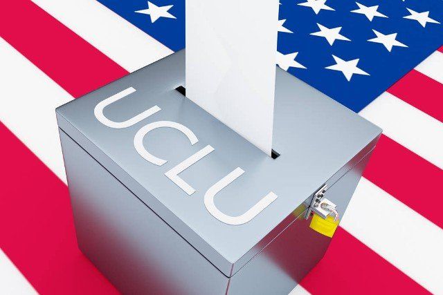 3D illustration of ACLU script on a ballot box, with US flag as a background.