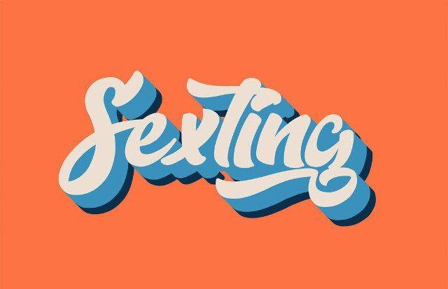 sexting hand written word text for typography design in orange blue white color. Can be used for a logo, branding or card