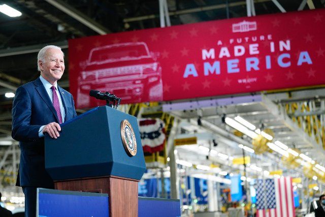U.S President Joe Biden visits the Factory ZERO of the General Motors (GM) electric vehicle factory in Detroit, Michigan, U.S, on Friday Nov 19, 2021. It is GMs first fully dedicated electric vehicle EV assembly plant. Biden delivered remarks on how the Bipartisan Infrastructure Law will create a future made in America, build a nationwide network of electric vehicle chargers, reduce emissions, and support good-paying, union jobs