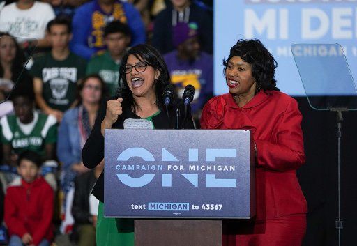 Congressional candidate Rashida Tlaib and Detroit City Council President Brenda Jones speak during the Michigan Get Out The Vote Rally by the Michigan Democratic Party on Friday, October 26, 2018 at Detroit Cass Tech High School. Tlaib has defeated Jones in the Democratic primary in the 13th District, according to unofficial results. (Ryan Garza\/Detroit Free Press\/TNS