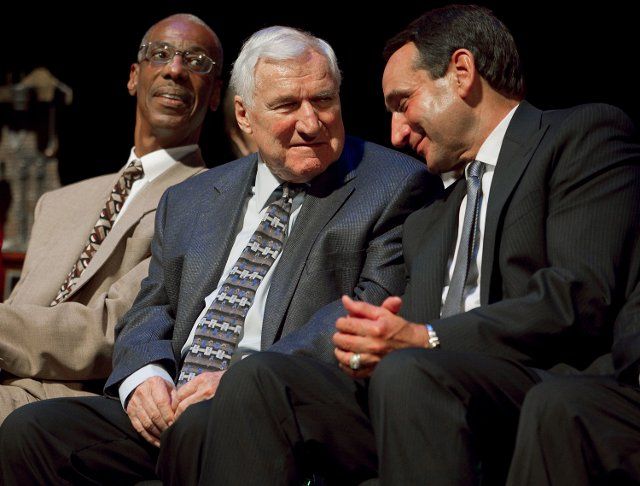 Duke coach Mike Krzyzewski acknowledges former UNC coach Dean Smith as he is honored with the Dr. James A. Naismith Good Sportsmanship Award on Wednesday, June 29, 2011, at Memorial Auditorium in Raleigh, North Carolina. (Robert Willett\/The News & Observer\/TNS