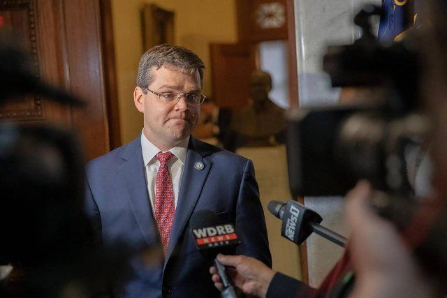 S. Chad Meredith, Kentucky solicitor general, speaks during a news conference after making arguments before the Kentucky Supreme Court at the state Capitol on June 10, 2021, in Frankfort, Kentucky. (Ryan C. Hermens\/Lexington Herald-Leader\/TNS