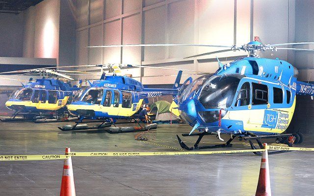 Medical helicopters are gathered inside the Orange County Convention Center in Orlando, Florida, on Sept. 27, 2022. They were staging in preparation for Hurricane Ian, which was approaching Floridaâs west coast. (Stephen M. Dowell\/Orlando Sentinel\/TNS