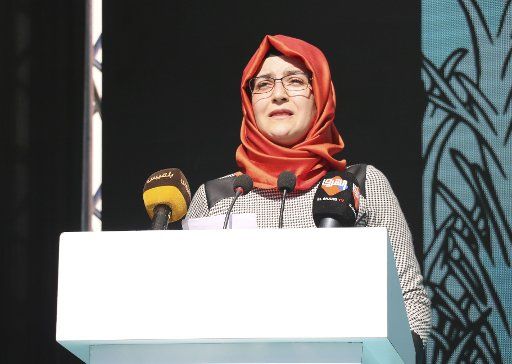 Hatice Cengiz, the fiancee of Jamal Khashoggi, addresses an event in Istanbul on Oct. 2, 2019, to mark the first anniversary of the murder of the Saudi Arabian journalist. (Kyodo) ==Kyodo