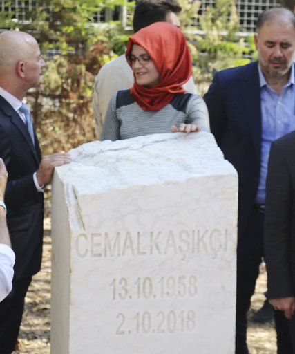 Hatice Cengiz, the fiancee of Jamal Khashoggi, stands at a monument to the Saudi Arabian journalist in Istanbul on Oct. 2, 2019, the first anniversary of his murder. (Kyodo) ==Kyodo