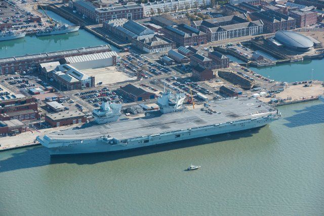 HMS Queen Elizabeth aircraft carrier in dock, Portsmouth, Hampshire, 2020