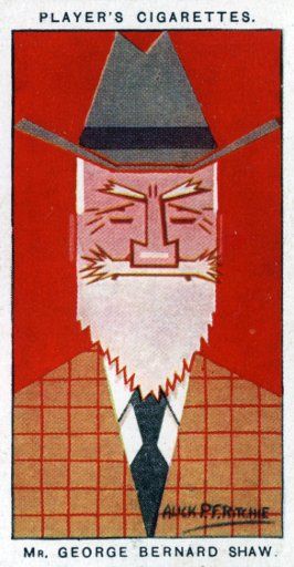 George Bernard Shaw, Irish playwright, 1926. Portrait of Shaw (1856-1950) who was an author, photographer, dramatist, literary critic, socialist, and Nobel Prize winner. Cigarette card with straight-line caricature, issued by John Player & Sons.