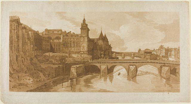 View of Pont au Change, the City Theatre, Pont Neuf, Conciergerie Prison, etc. taken from Pont Notre Dame, from A Selection of Twenty of the Most Picturesque Views in Paris, July 12, 1802
