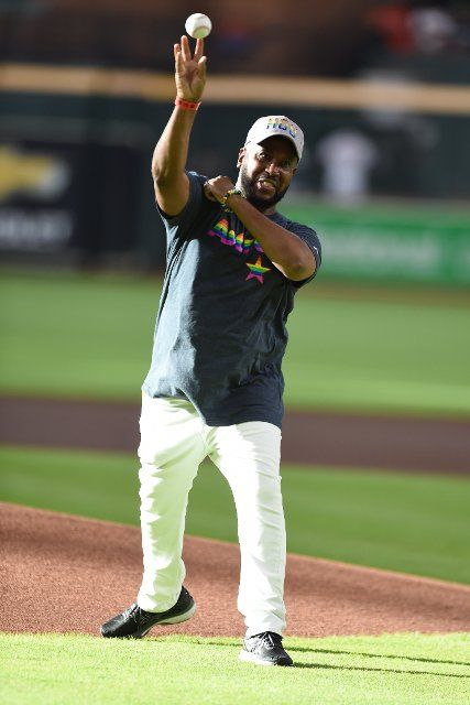 Austin Dexter Williams throws out the ceremonial first-pitch representing Pride Night at the MLB game between the Houston Astros and the New York Mets on Tuesday, June 21, 2022 at Minute Maid Park in Houston, Texas. The Astros defeated the Mets 8-2. (Tom Walko\/Image of Sport
