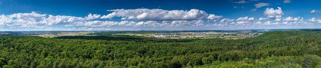 View from the Schönbuch Tower over the Schönbuch nature Park and the towns of Nufringen and Gärtringen south of Stuttgart, panoramic photo, Herrenberg, Baden-Württemberg, Germany