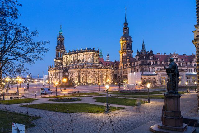 Theatre Square with Catholic Court Church, Palace with Hausmann Tower and Carl Maria von Weber Monument, twilight shot, Dresden, Saxony, Germany