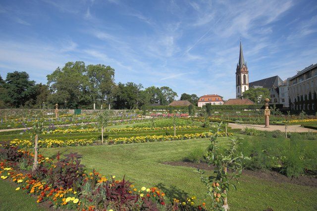 Prince George Garden and Church Tower of St. Elisabeth in Darmstadt, Bergstrasse, Hesse, Germany