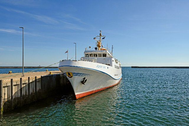 Passenger ship Funny Girl in the harbour of Helgoland Island, Schleswig-Holstein, Germany