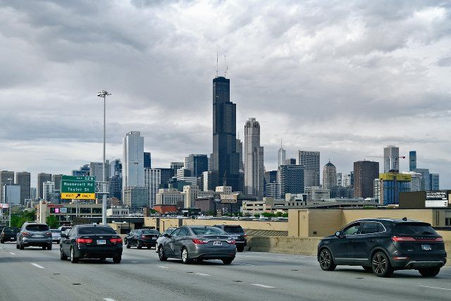 View of the Chicago skyline from Interstate 90, Illinois, United States of