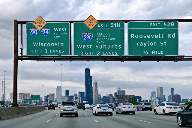 View of the Chicago skyline from Interstate 90, Illinois, United States of
