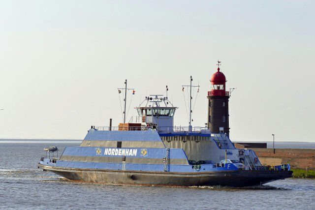 Ferry entering the mouth of the River Geese, Bremerhaven, Germany