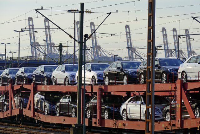 Cars destined for export on a railway train in Bremerhaven, Germany