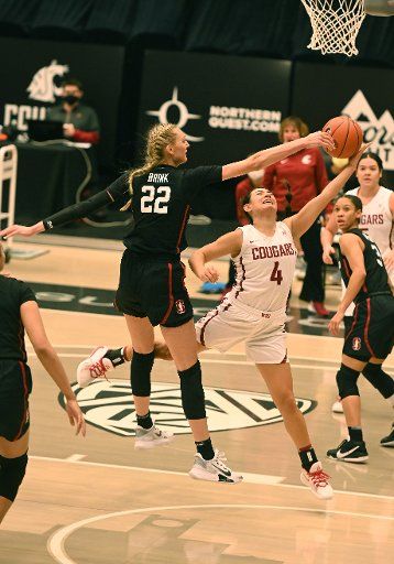 PULLMAN, WA - JANUARY 29: Stanford foward Cameron Brink (22) blocks the shot of WSU guard Krystal Leger-Walker (4) during the game between the Stanford Cardinal and the WSU Cougars played at the Beasley Coliseum on January 29, 2021 in Pullman, Washington.(Photo by Robert Johnson\/Icon Sportswire