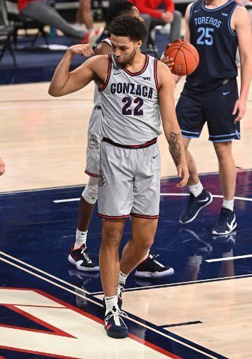 SPOKANE, WA - FEBRUARY 20: Gonzaga forward Anton Watson (22) gives a little flex after scoring while being fouled during the game between the San Diego Toreros and the Gonzaga Bulldogs played at the McCarthey Athletic Center on February 20, 2021 in Spokane, Washington. (Photo by Robert Johnson\/Icon Sportswire
