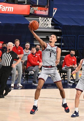 SPOKANE, WA - FEBRUARY 20: Gonzaga Gonzagaard Jalen Suggs (1) scores during the game between the San Diego Toreros and the Gonzaga Bulldogs played at the McCarthey Athletic Center on February 20, 2021 in Spokane, Washington. (Photo by Robert Johnson\/Icon Sportswire