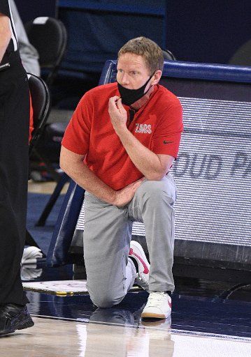 SPOKANE, WA - FEBRUARY 20: Gonzaga head coach Mark Few watches his team during the game between the San Diego Toreros and the Gonzaga Bulldogs played at the McCarthey Athletic Center on February 20, 2021 in Spokane, Washington. (Photo by Robert Johnson\/Icon Sportswire