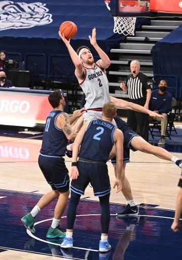 SPOKANE, WA - FEBRUARY 20: Gonzaga forward Drew Timme (2) scores during the game between the San Diego Toreros and the Gonzaga Bulldogs played at the McCarthey Athletic Center on February 20, 2021 in Spokane, Washington. (Photo by Robert Johnson\/Icon Sportswire