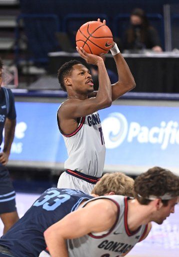 SPOKANE, WA - FEBRUARY 20: Gonzaga Gonzagaard Joel Ayayi (11) at the free throw line during the game between the San Diego Toreros and the Gonzaga Bulldogs played at the McCarthey Athletic Center on February 20, 2021 in Spokane, Washington. (Photo by Robert Johnson\/Icon Sportswire