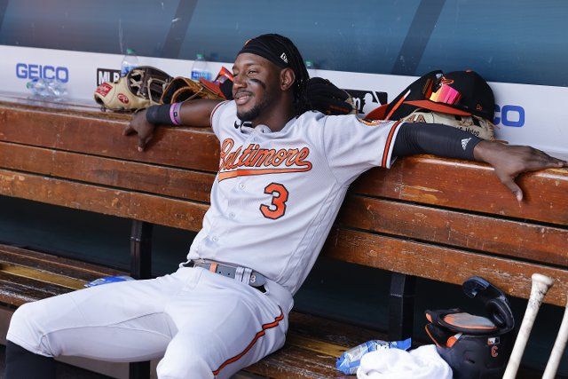ST. LOUIS, MO - MAY 12: Baltimore Orioles shortstop Jorge Mateo (3) reacts in the dugout after hitting a solo home run in the second inning of an MLB game against the St. Louis Cardinals on May 12, 2022 at Busch Stadium in St. Louis, Missouri. (Photo by Joe Robbins\/Icon Sportswire