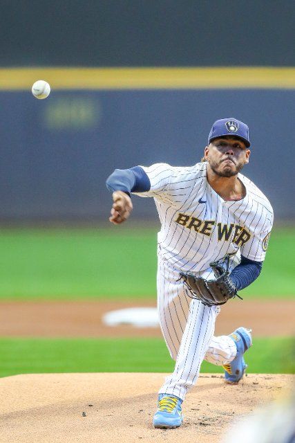 MILWAUKEE, WI - OCTOBER 02: Milwaukee Brewers starting pitcher Freddy Peralta (51) throws a pitch during a game between the Milwaukee Brewers and the Miami Marlins on October 2, 2022 at American Family Field in Milwaukee, WI. (Photo by Lawrence Iles\/Icon Sportswire