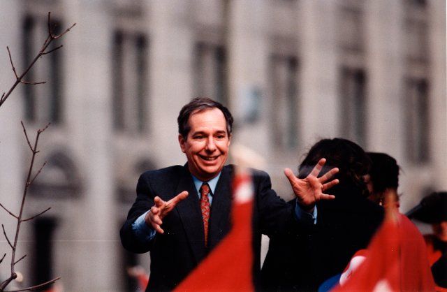 October 27, 1995 File Photo - Montreal, Quebec. CANADA - Daniel Johnson, Quebec Premier and Provincial iberal leader speak in front of An estimated 100,000 Canadians from all provinces of Canada gathered at the Place du Canada for the "Unity Rally". A rally celebrating a united Canada organized three days before the referendum vote. The NO (pro Canada) won by a slight margin over the YES (Quebec separatists) on the October 30, 1995 Referendum