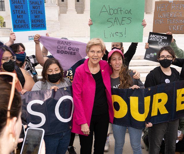 Senator Elizabeth Warren (D-Mass.) and other demonstrators rallied in response to the news that the Supreme Court has drafted a majority opinion overturning Roe v. Wade which effectively would end the federal right to a safe and legal abortion in this country. In front of the Supreme Court Building in Washington D.C. on May 3, 2022. (Photo by Jeff Malet