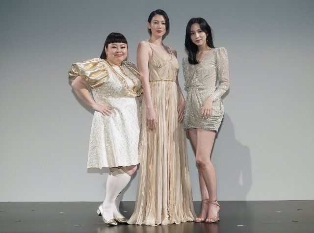 (L-R) Comedian Naomi Watanabe, model Ayaka Miyoshi and girl group Twice member Mina attend a promotional event for the skincare brand SK-II held in Tokyo, Japan, July 13, 2022. JIJI PRESS PHOTO \/ MORIO TAGA