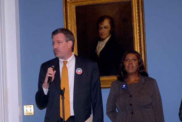 Councilmembers Bill de Blasio and Leticia James testify against a bill extending term limits for elected officials at City Hall in New York on Monday, November 3, 2008. Former Mayor Bill de Blasio announced he will run for 10th congressional district in New York. ( Richard B. Levine