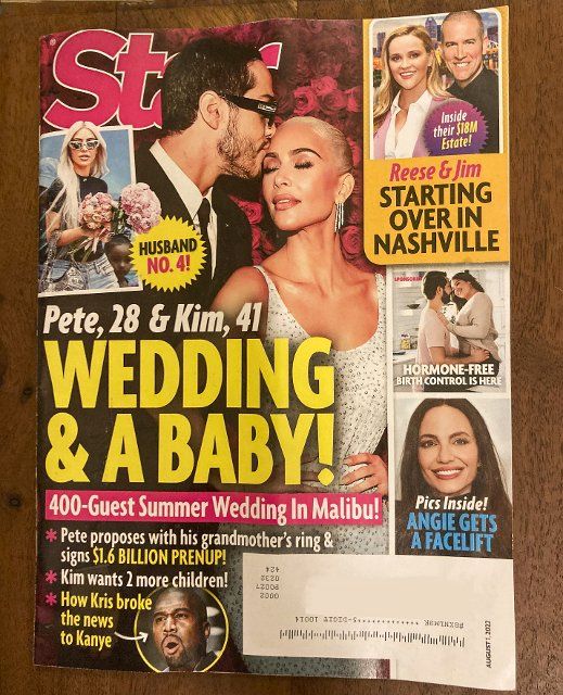 The cover of the August 1, 2022 Star magazine features the ÒimminentÓ wedding of Pete Davidson and Kim Kardashian, seen on Saturday, August 6, 2022, the day that the couple announced that they are breaking up after 9 months of dating. ( Frances M. Roberts