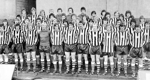 Newcastle United Football Club pose for a squad photograph ahead of the 1974 - 1975 season. Back row Left to right: Allan Michael "Mickey" Barker, Ken Mitchell, David McLean, Stephen Newstead, Tony Bell, Martin Burleigh, Eddie Edgar, David Bunce, ...
