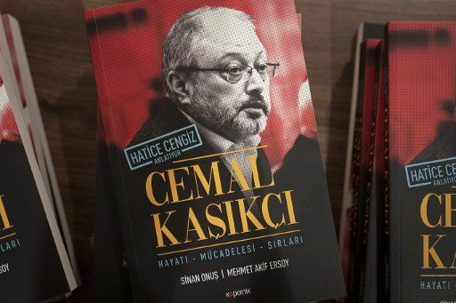Books dedicated to the murdered Saudi journalist Jamal Khashoggi, co-written by his fiancee Hatice Cengiz, are displayed during a presentation on February 8, 2019 in Istanbul, Turkey. (Photo by Arnaud Andrieu\/Sipa Press)\/\/ANDRIEUARNAUD_AA20190208HaticeBook02\/1902081304\/Credit:Arnaud Andrieu\/SIPA\/