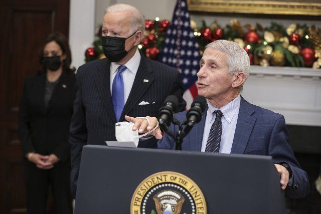 Dr. Anthony Fauci, Chief Medical Advisor to the President, right, joined by U.S. President Joe Biden, center, and Vice President Kamala Harris, left, speaks on the omicron variant in the Roosevelt Room of the White House in Washington, D.C., U.S., on Monday, Nov. 29, 2021. Stock markets have rebounded as the picture emerging suggests the omicron Covid-19 strain is probably more transmissible but causes only mild illness and vaccines can be re-formulated to deal with it. Credit: Oliver Contreras \/ Pool via CNP \/AdMedia\/\/Z-ADMEDIA_adm_112921_BidenOmicron_CNP_021\/2112140046\/Credit:CNP\/AdMedia\/SIPA