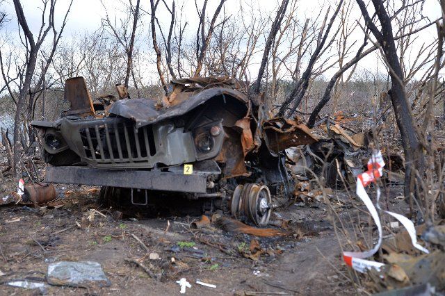 BERVYTSIA, UKRAINE - APRIL 21, 2022 - A destroyed Russian military vehicle is pictured in the village of Bervytsia liberated from Russian invaders, Kyiv Region, northern Ukraine. \/\/UKRINFORMAGENCY_sipa.1815\/2204231734\/Credit:Evgen Kotenko\/UKRINFORM\/SIPA