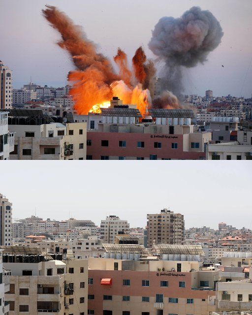 (COMBO) This combination of pictures created on May 10, 2022 shows the fire rises on a site after hit by Israeli strikes during the 2021 conflict between Hamas and Israel (top), and the same location view taken on May 10, 2022 on the first anniversary of the May 2021 conflict between Israel and Hamas, in Gaza City. Photo by Ashraf Amra\/\/APAIMAGES_APA013549\/2205101816\/Credit:Ashraf Amra  apaimages\/SIPA