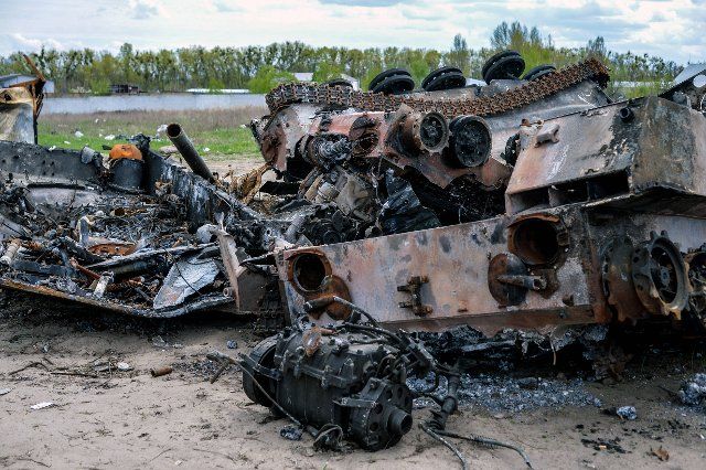 BUCHA, UKRAINE - MAY 4, 2022 - Destroyed Russian military vehicles are stored at an automobile graveyard, Bucha, Kyiv Region, northern Ukraine. This photo cannot be distributed in the Russian Federation.\/\/UKRINFORMAGENCY_SIPA.1166\/2205051845\/Credit:Evgen Kotenko\/SIPA